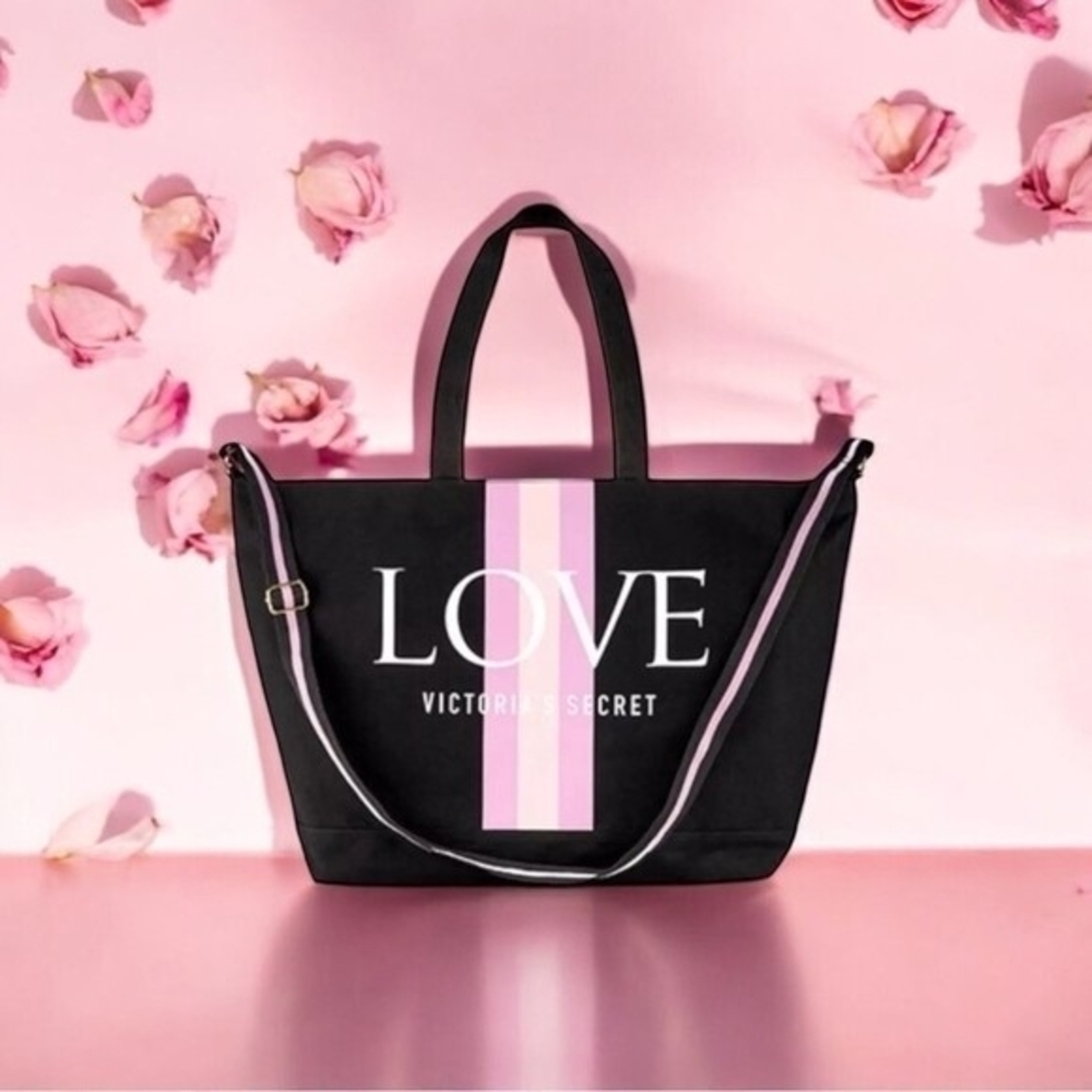 Victoria’s Secret Love Tote Canvas Striped Weekend Travel Bag NWT